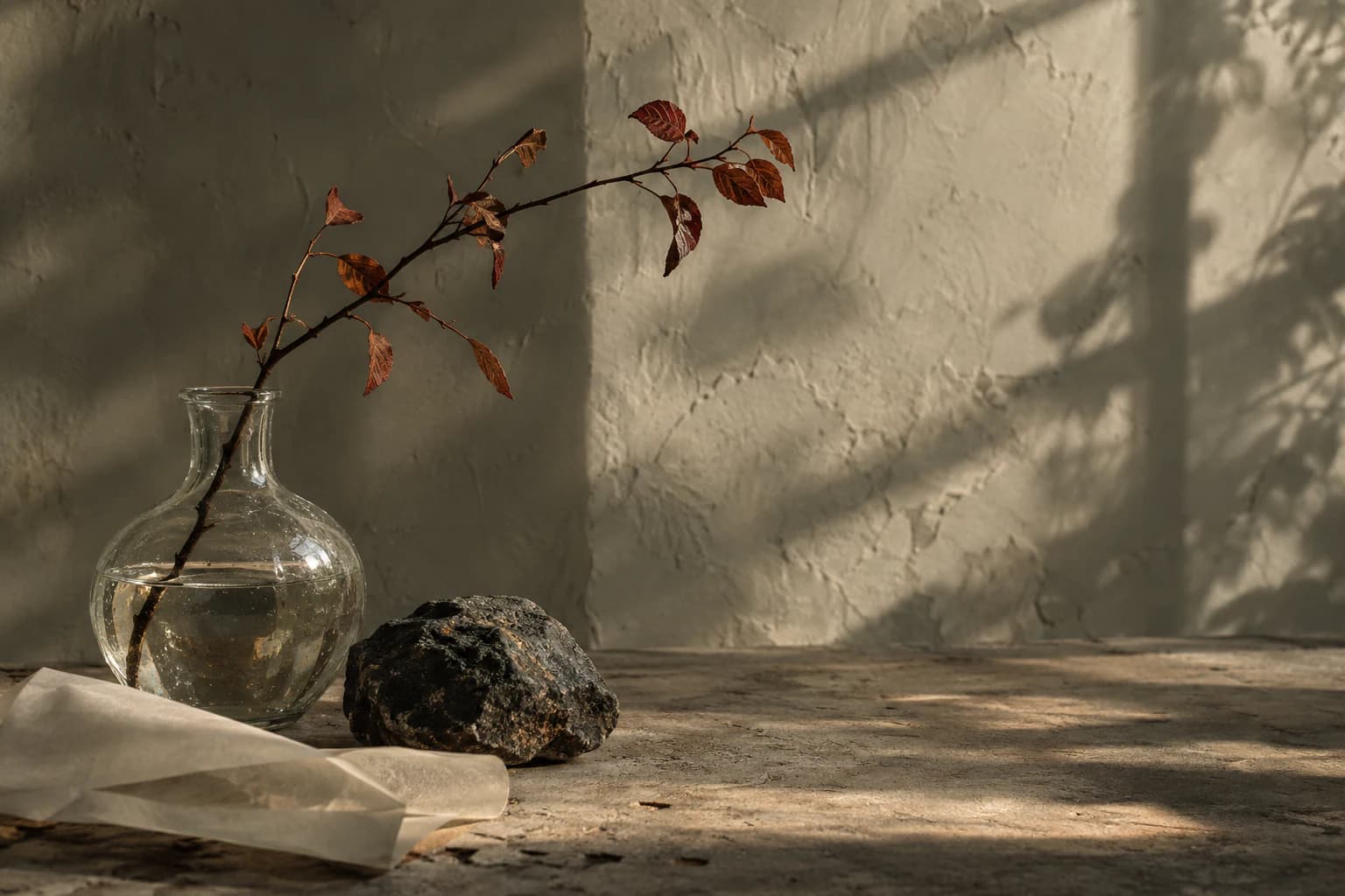 A small branch in a glass vase casts a long shadow across a chalk-coloured wall.